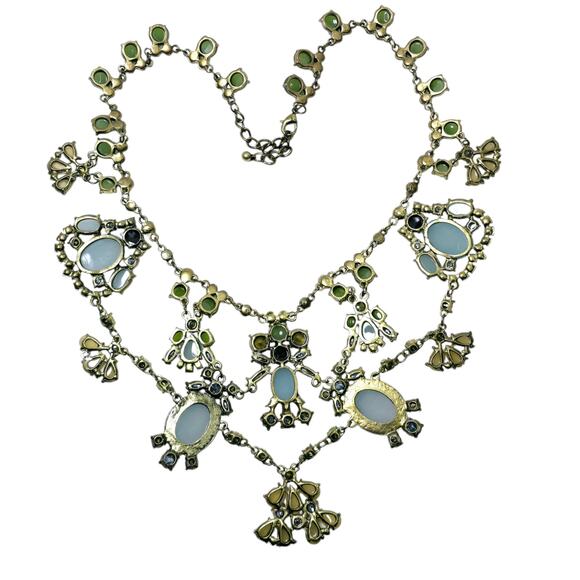 Chunky Chandelier Gold Tone Bib Statement Necklace Faceted Rhinestones Cabochons - Picture 5 of 8